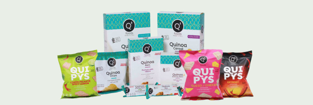 QFoods assorted products lineup featuring quinoa chips, rice chips and quinoa bars, healthy gluten-free snacks that are high in fiber and a source of protein, ideal for Benelux retailers.