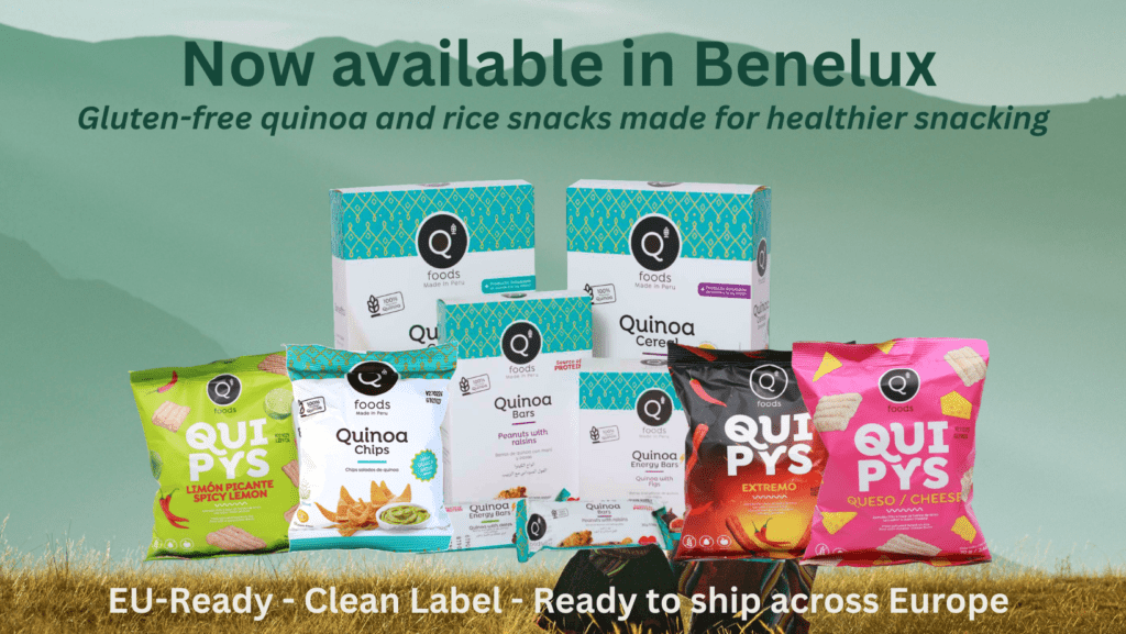 QFoods Europe gluten-free quinoa and rice snacks with the Andes mountains in the background, highlighting EU-ready, clean-label products now available in Benelux.